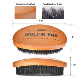 Wolfin Pro- Premium Curved 360 Wave Brush, 100% Natural Schima Superba Wood with Reinforced Pure Black Medium Boar Hair Bristle - Perfect for Wolfing, Creating 360 Layer Hair Waves, Cultivating Beards