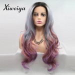 Xiweiya wigs Long Natural Wave Grey Ombre to Purple Red Hair with Dark Root Middle Part Synthetic Lace Front Wig Glueless Heat Resistant Fiber for Women 24 Inches