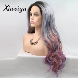 Xiweiya wigs Long Natural Wave Grey Ombre to Purple Red Hair with Dark Root Middle Part Synthetic Lace Front Wig Glueless Heat Resistant Fiber for Women 24 Inches