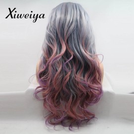 Xiweiya wigs Long Natural Wave Grey Ombre to Purple Red Hair with Dark Root Middle Part Synthetic Lace Front Wig Glueless Heat Resistant Fiber for Women 24 Inches