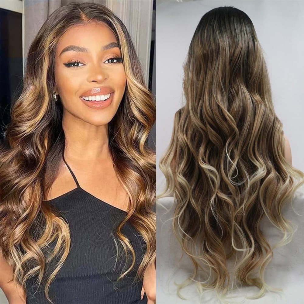 xiweiya Brown Mixed Blonde Wig with Blonde Tips 3 Tones Loose Curly Synthetic Lace Front Wig Heat Resistant Fiber Hair Mermaid Wear and Go Wig Drag Queen Party Hair-replacement Wig 26inch