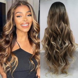 xiweiya Brown Mixed Blonde Wig with Blonde Tips 3 Tones Loose Curly Synthetic Lace Front Wig Heat Resistant Fiber Hair Mermaid Wear and Go Wig Drag Queen Party Hair-replacement Wig 26inch