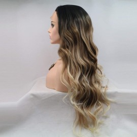 xiweiya Brown Mixed Blonde Wig with Blonde Tips 3 Tones Loose Curly Synthetic Lace Front Wig Heat Resistant Fiber Hair Mermaid Wear and Go Wig Drag Queen Party Hair-replacement Wig 26inch