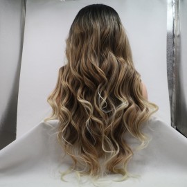 xiweiya Brown Mixed Blonde Wig with Blonde Tips 3 Tones Loose Curly Synthetic Lace Front Wig Heat Resistant Fiber Hair Mermaid Wear and Go Wig Drag Queen Party Hair-replacement Wig 26inch