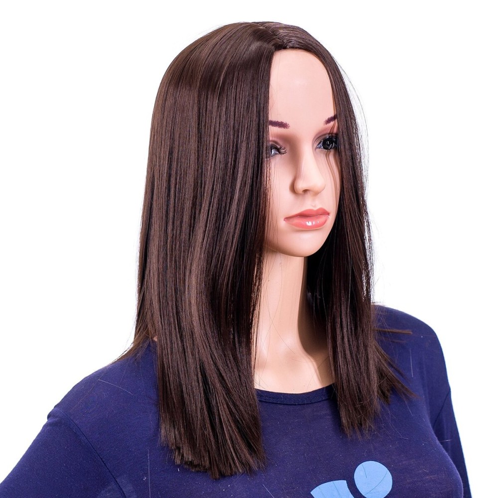 SWACC 14-Inch Short Straight Middle Part Hair Wig Medium Length Synthetic Heat Resistant Wigs for Women with Wig Cap (Dark Brown-4)