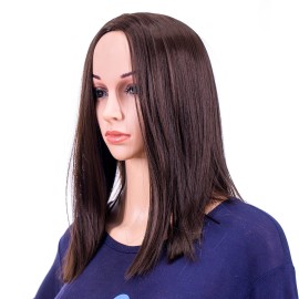 SWACC 14-Inch Short Straight Middle Part Hair Wig Medium Length Synthetic Heat Resistant Wigs for Women with Wig Cap (Dark Brown-4)
