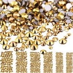 Bememo 3456 Pcs Crystals Diamond Rhinestones AB Clear Flat Back Round Gems Flatback Glass Mixed Size Crystals Gems for Crafts Clothes Shoes Makeup Bags Decor, 6 Sizes(Mine Gold)