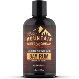 Rocky Mountain Barber Company Bay Rum All-In-One Body Wash - Shampoo, Body Wash, Conditioner, Face Wash & Beard Wash with Aloe Leaf Juice - 8 oz