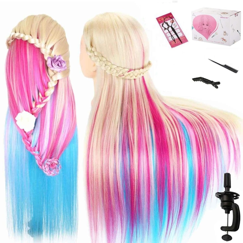 Beauty Star 29 Colorful Mannequin Head with 100% Syntheic Hair, Doll Head for Hair Styling and Braiding Practice, Professional Bride Cosmetology Training Manikin Head with Clamp Stand Updo Kit
