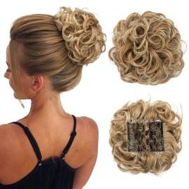 Benehair Messy Bun Hair Piece with Combs Clip in Bun Scrunchie Juva Bun Dish Fluffy Wavy Hair Updo Easy Stretch Big Chignon Short Ponytail Hairpiece for Women Light Ash Brown to Bleach Blonde 90g