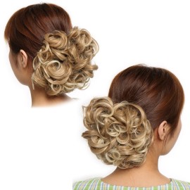Benehair Messy Bun Hair Piece with Combs Clip in Bun Scrunchie Juva Bun Dish Fluffy Wavy Hair Updo Easy Stretch Big Chignon Short Ponytail Hairpiece for Women Light Ash Brown to Bleach Blonde 90g