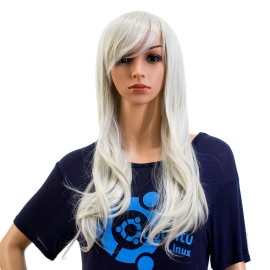 SWACC 26-Inch Long Curly Wave Cosplay Synthetic Wig Colored Hair Piece for Women with Wig Cap (Silvery White)