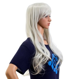 SWACC 26-Inch Long Curly Wave Cosplay Synthetic Wig Colored Hair Piece for Women with Wig Cap (Silvery White)
