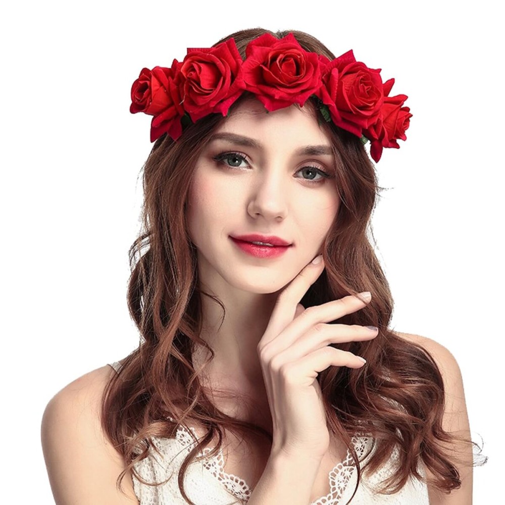 June Bloomy Rose Floral Crown Garland Flower Headband Headpiece for Wedding Festival (Velvet Red)