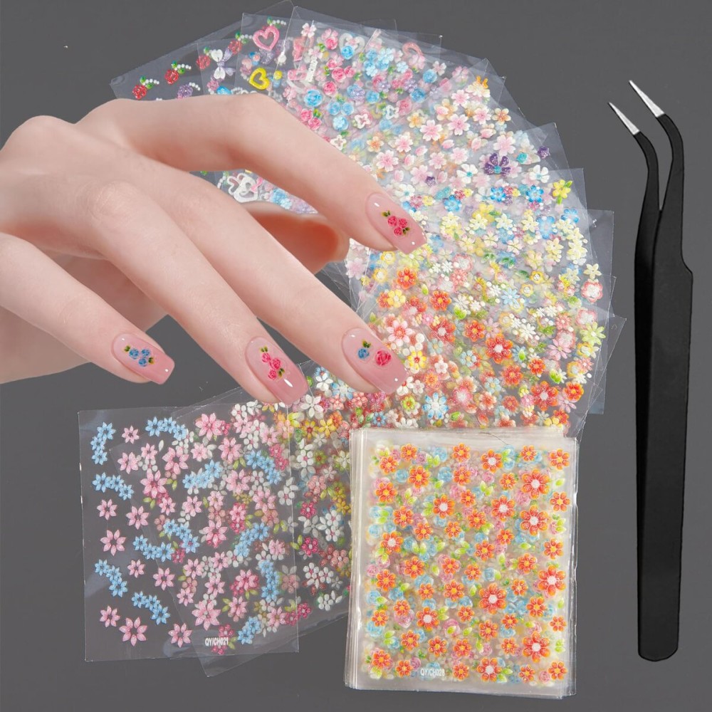 WOKOTO 50Pcs Self-Adhesive 3D Flower Nail Stickers Flower Nail Decals for Women Girls Kids Nail Art Floral Sticker Sheets with Tweezers