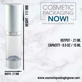 Cosmetic Packaging Now! Luxe Airless Bottle, 15 ML, Matte Silver w/Clear Bottle