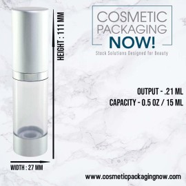 Cosmetic Packaging Now! Luxe Airless Bottle, 15 ML, Matte Silver w/Clear Bottle