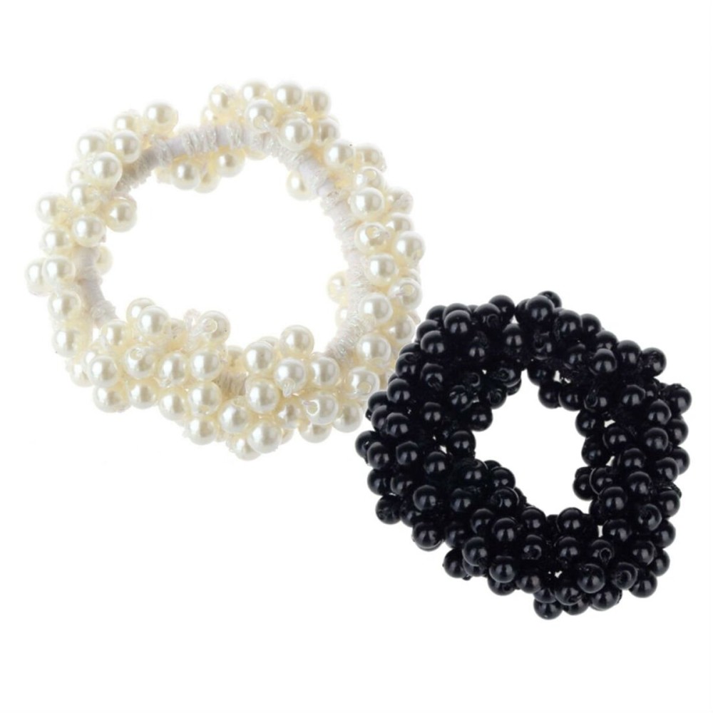 AKOAK Women and Girls Fashion Pearl Beads Hair Band Elastics Rope Scrunchie Ponytail Holder,Pack of 2,White and Black