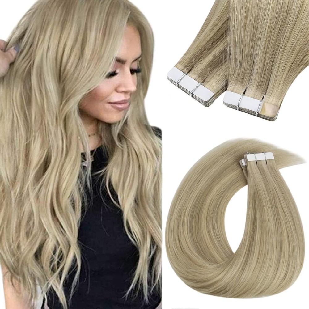 Sunny Hair Tape in Hair Extensions Real Human Hair Invisible Remy Hair Extensions Tape ins for Women Golden Blonde Highlight Medium Blonde 18 inch 20Pcs 50G