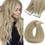 Sunny Hair Tape in Hair Extensions Real Human Hair Invisible Remy Hair Extensions Tape ins for Women Golden Blonde Highlight Medium Blonde 18 inch 20Pcs 50G