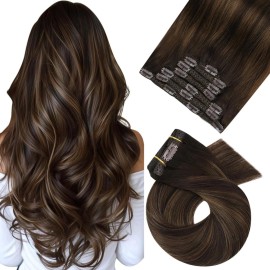 Moresoo Clip in Hair Extensions Remy Double Weft Human Hair Clip in Extensions Straight Balayage Hair Extensions Real Human Hair Clip ins Ombre Darest Brown with Medium Brown 7pcs/120g 18inch