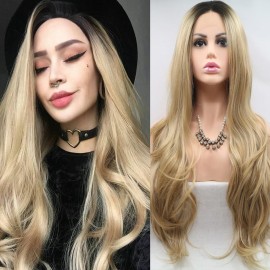 xiweiya Ombre Blonde 13x3 Lace Front Wig with Dark Roots Long Body Wave Golden Blonde Wig Side Part Natural Hairline 180% Denstiy Hair Heat Resistant Fiber for Women Drag Queen 24inch
