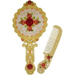 Nerien Vintage Metal Antique Rose Style Handheld Makeup Mirror Set - Travel Round Folding Cosmetic Vanity With Handle - Decorative Tabletop Gold-1