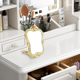 Nerien Vintage Metal Antique Rose Style Handheld Makeup Mirror Set - Travel Round Folding Cosmetic Vanity With Handle - Decorative Tabletop Gold-1