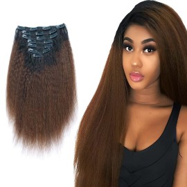 AmazingBeauty 8A Double Weft Texlaxed Kinkys Straight Ombre Clip Extensions Human Hair for Black Women, Natural Black Fading into Chocolate Brown, 7 Pieces, 120 Grams, KS TN-4, 16 Inch