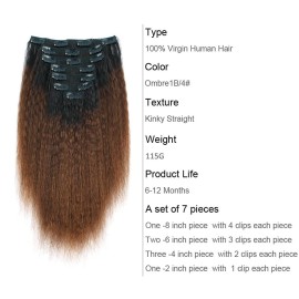 AmazingBeauty 8A Double Weft Texlaxed Kinkys Straight Ombre Clip Extensions Human Hair for Black Women, Natural Black Fading into Chocolate Brown, 7 Pieces, 120 Grams, KS TN-4, 16 Inch