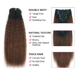 AmazingBeauty 8A Double Weft Texlaxed Kinkys Straight Ombre Clip Extensions Human Hair for Black Women, Natural Black Fading into Chocolate Brown, 7 Pieces, 120 Grams, KS TN-4, 16 Inch