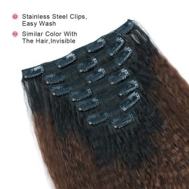 AmazingBeauty 8A Double Weft Texlaxed Kinkys Straight Ombre Clip Extensions Human Hair for Black Women, Natural Black Fading into Chocolate Brown, 7 Pieces, 120 Grams, KS TN-4, 16 Inch