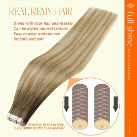 Full Shine Blonde Tape in Hair Extensions Balayage 20 Inch Adhesive Hair Extensions Tape ins 6/27/60 Ombre Invisible Tape in Hair Extensions Human Hair 50 Gram 20Pcs Seamless Tape ins