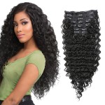 FASHION LINE Synthetic Curly Clip in Hair Extensions Double Weft Full Head Deep Wave Hair Pieces Heat Resistance Thick Deep Wave Clip In 7 Pieces(24inches, 1B Natural Black)