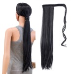SWACC Women Long Straight/Curly Wavy Wrap Around Ponytail Extension Synthetic Hair Piece Clip in Hair extensions (Straight, 1B-Off Black)