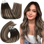 Ugeat Dark Brown Mico Bead Hair Extensions Balayage Ash Brown Microlink Hair Extensions Real Human Hair Ombre to Add Length and Volume By Cold Fusion for Thicker 20 Inch 50S 50G