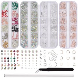 WOKOTO 4 Box Mix-Style Nail Crystals Rhinestones Silver Rose Gold Nail Studs Charms For Women Nail Art Colorful Pointed Fake Diamonds And Flatback Ab Rhinestones Kit With Tweezers And Picker Pencil