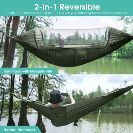 G4Free Large Camping Hammock with Mosquito Net 2 Person Pop-up Parachute Lightweight Hanging Hammocks Tree Straps Swing Bed for Outdoor Backpacking Backyard Hiking (New Army Green)