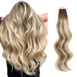 ABH AmazingBeauty Hair Semi-permanent Pre-taped Double Sided Highlight Blonde Tape in Extensions Real Human Hair 20 Inch Ash Brown to Beach Blonde with Dark Brown Root R3-8-613