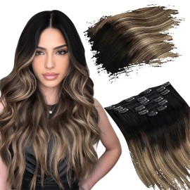 Ugeat Clip in Human Hair Extensions Balayage Black to Dark Brown Mix Caramel Brown Breathable Short Straight Clip in Human Hair Extensions for Extra Volume 14 Inch 105g 7pcs