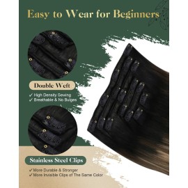 Ugeat Clip in Human Hair Extensions Balayage Black to Dark Brown Mix Caramel Brown Breathable Short Straight Clip in Human Hair Extensions for Extra Volume 14 Inch 105g 7pcs