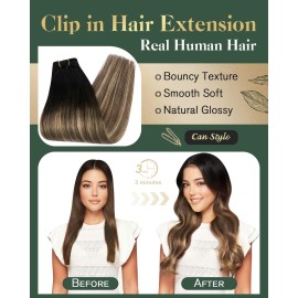 Ugeat Clip in Human Hair Extensions Balayage Black to Dark Brown Mix Caramel Brown Breathable Short Straight Clip in Human Hair Extensions for Extra Volume 14 Inch 105g 7pcs