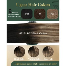 Ugeat Clip in Human Hair Extensions Balayage Black to Dark Brown Mix Caramel Brown Breathable Short Straight Clip in Human Hair Extensions for Extra Volume 14 Inch 105g 7pcs