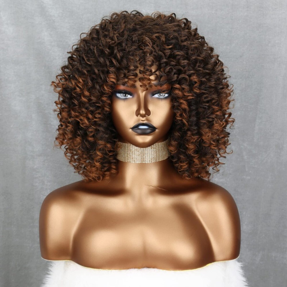 Xinran Omber Brown Kinky Curly Wig for Black Women, Short Curly Afro Wigs with Bangs, Synthetic African American Full Hair Wig 14 inch