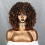 Xinran Omber Brown Kinky Curly Wig for Black Women, Short Curly Afro Wigs with Bangs, Synthetic African American Full Hair Wig 14 inch