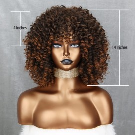 Xinran Omber Brown Kinky Curly Wig for Black Women, Short Curly Afro Wigs with Bangs, Synthetic African American Full Hair Wig 14 inch