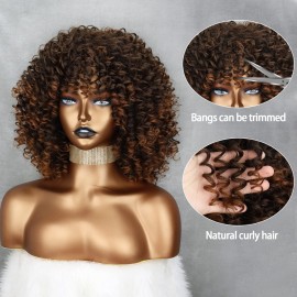 Xinran Omber Brown Kinky Curly Wig for Black Women, Short Curly Afro Wigs with Bangs, Synthetic African American Full Hair Wig 14 inch