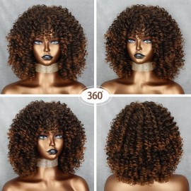 Xinran Omber Brown Kinky Curly Wig for Black Women, Short Curly Afro Wigs with Bangs, Synthetic African American Full Hair Wig 14 inch