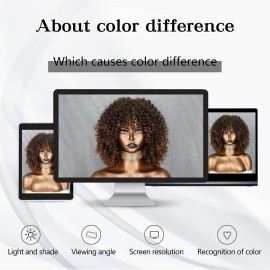 Xinran Omber Brown Kinky Curly Wig for Black Women, Short Curly Afro Wigs with Bangs, Synthetic African American Full Hair Wig 14 inch