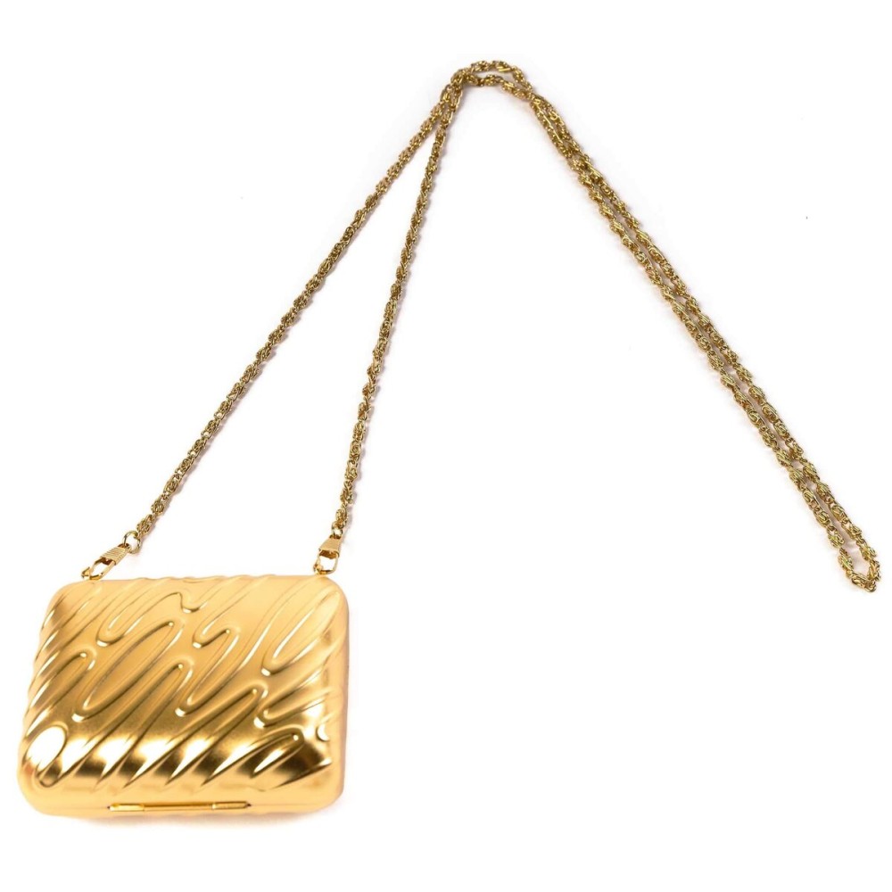 Mini Metallic Hard Case Handbag With Mirror and Long Chain (Gold)